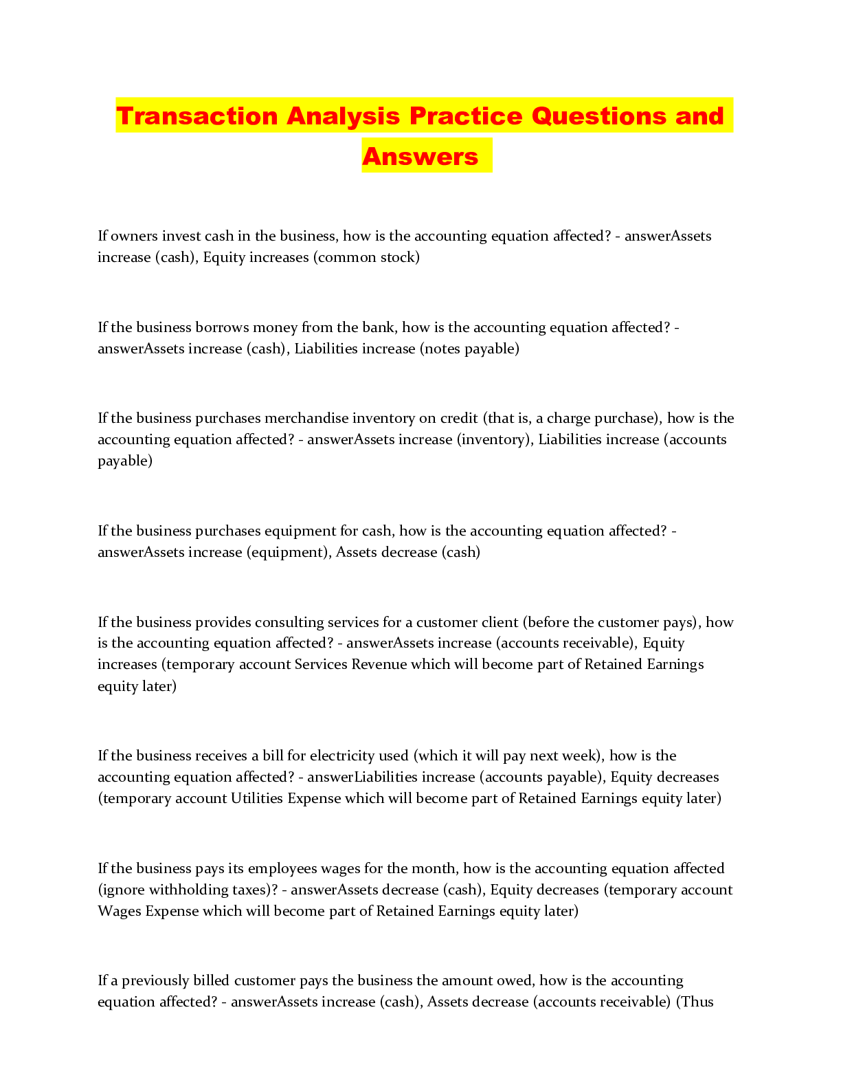 Transaction Analysis Practice Questions and Answers Browsegrades